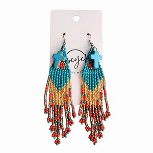 Turquoise and Red Beaded Cross Earrings